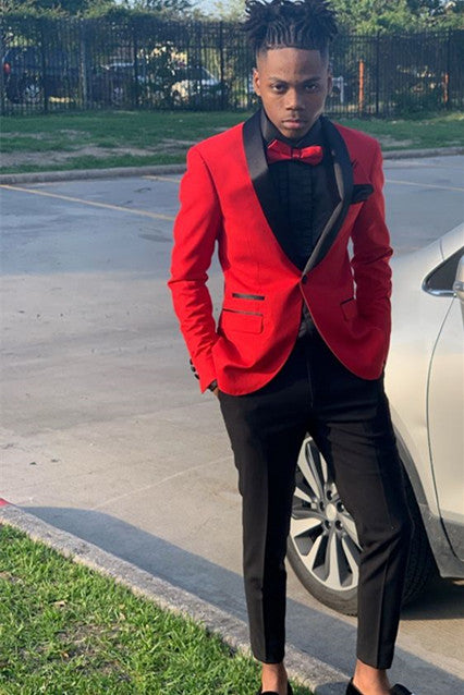 Koscy Red One-Button Prom Suit with Black Shawl Lapel for Party