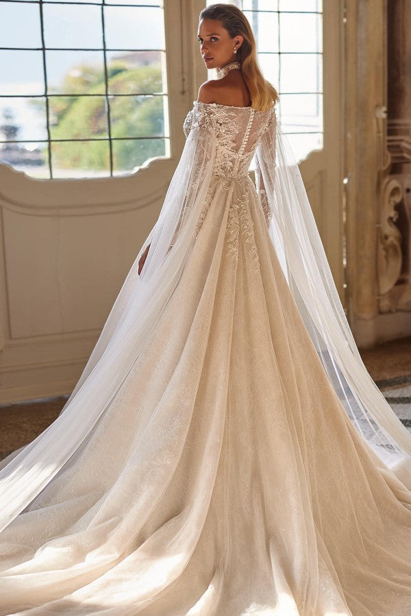 Bmbride Elegant Long A-line Off the Shoulder Tulle Lace Wedding Dresses with Sleeves