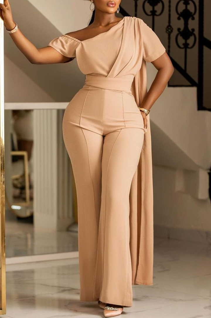 Koscy Elegant Chic Wrap Shoulder High Waist Jump Suit With Cape
