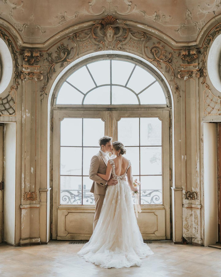 Bmbride Long A-line Boho Wedding Dress with Tulle and Lace Appliques
