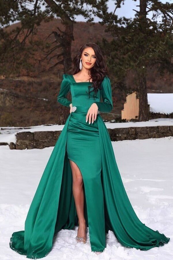 Dark Green Long Sleeves Mermaid Slit Prom Dress With Removable Skirt