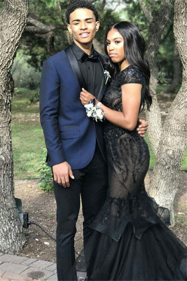 Koscy Navy Blue Black Silk Lapel Marriage Blazer Suit - High Quality, Two-Piece