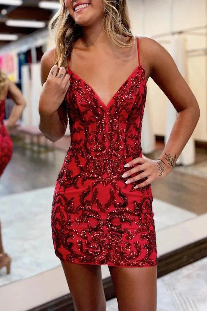 Koscy Glitter Fitted V-Neck Spaghetti Straps Sequined Appliques Homecoming Dress