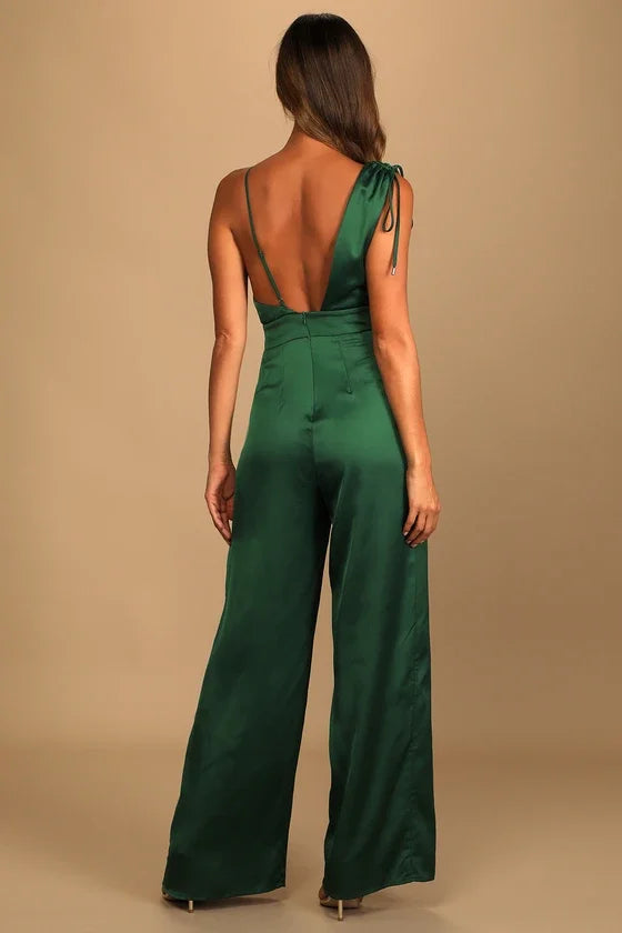 Koscy Retro Emerald Green Satin Asymmetrical Wide-Leg Jump Suit