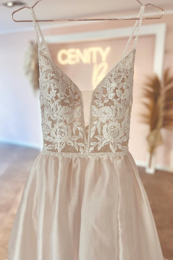 Bmbride Beautiful Long A-line V-neck Satin Lace Backless Bridal Gowns
