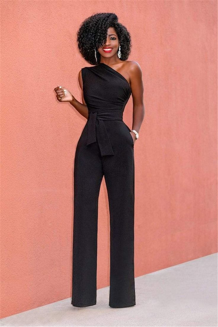 Koscy Concise Black One-Shoulder Daily Women's Jump Suit