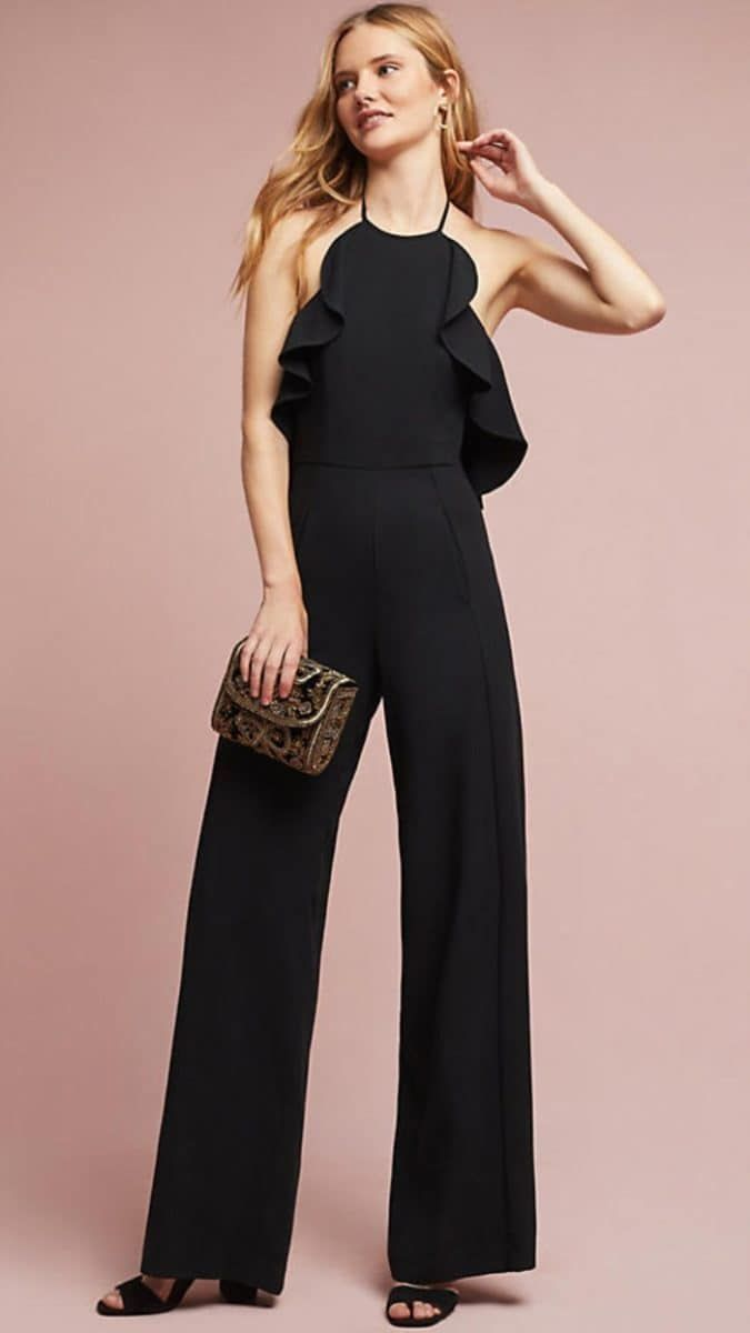 Koscy Chic Black Halter Ruffles Women's Jump Suit