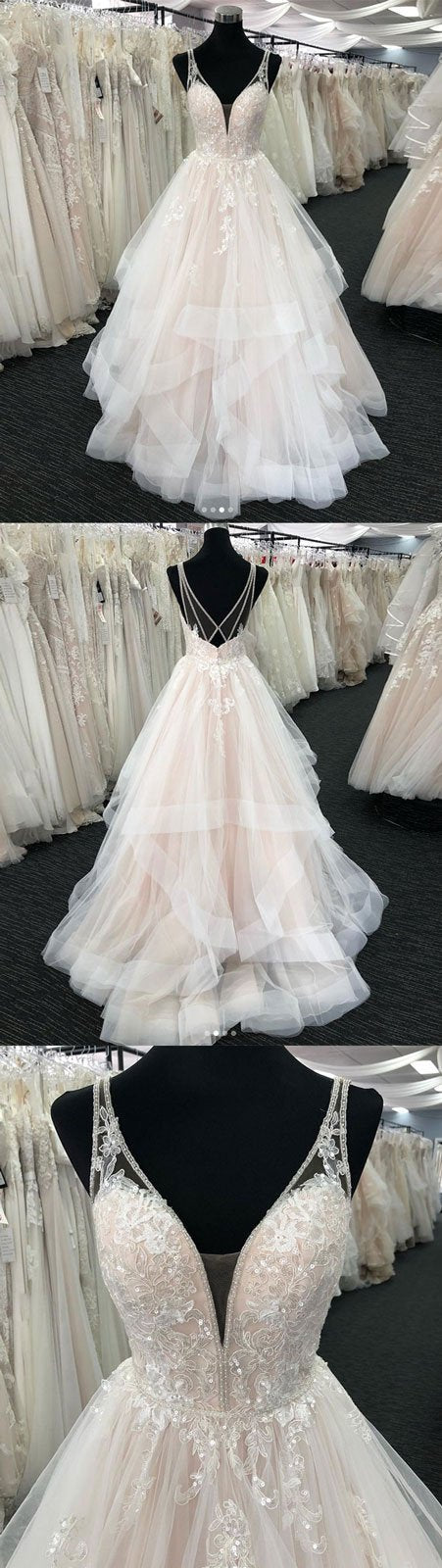 Bmbride Long Layered Wedding Dress with Tulle V Neck and Open Back
