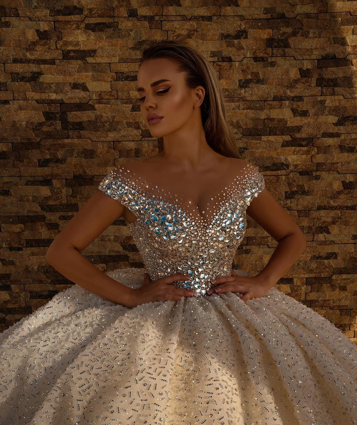 Bmbride Off Shoulder Crystal Sequins Long Ball Gown Wedding Dresses