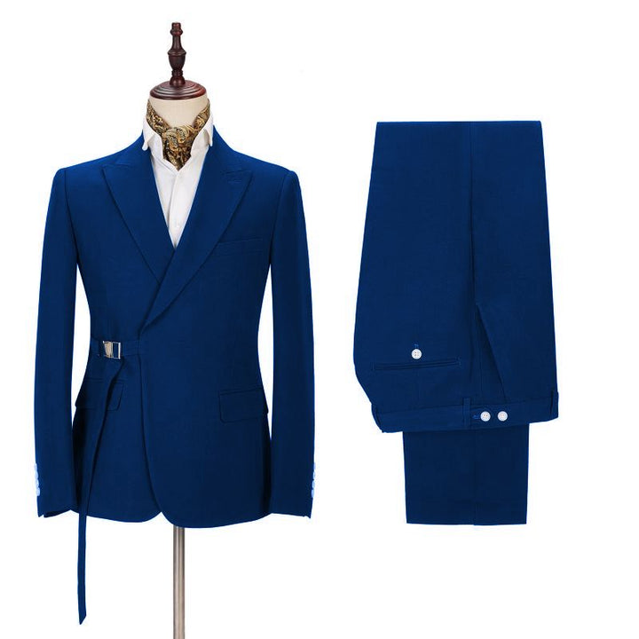 Koscy Fashion Royal Blue Tuxedo Suit with Buckle Button for Wedding with Peak Lapel
