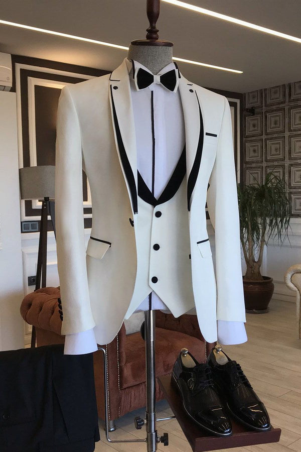Koscy Elegant Black Designer Wedding Suit with White Notched Lapel for Groom