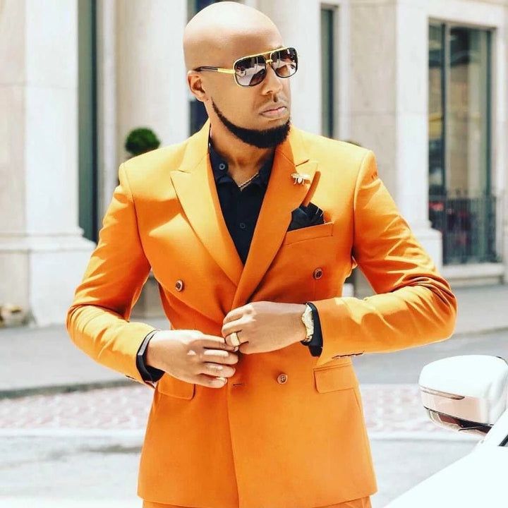 Koscy Shining Orange Evening Suit for Men with Peaked Lapel
