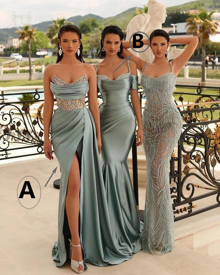 Sweetheart Spaghetti-Strap Mermaid Evening Dress Satin in Chic Light Green with Split Beadings