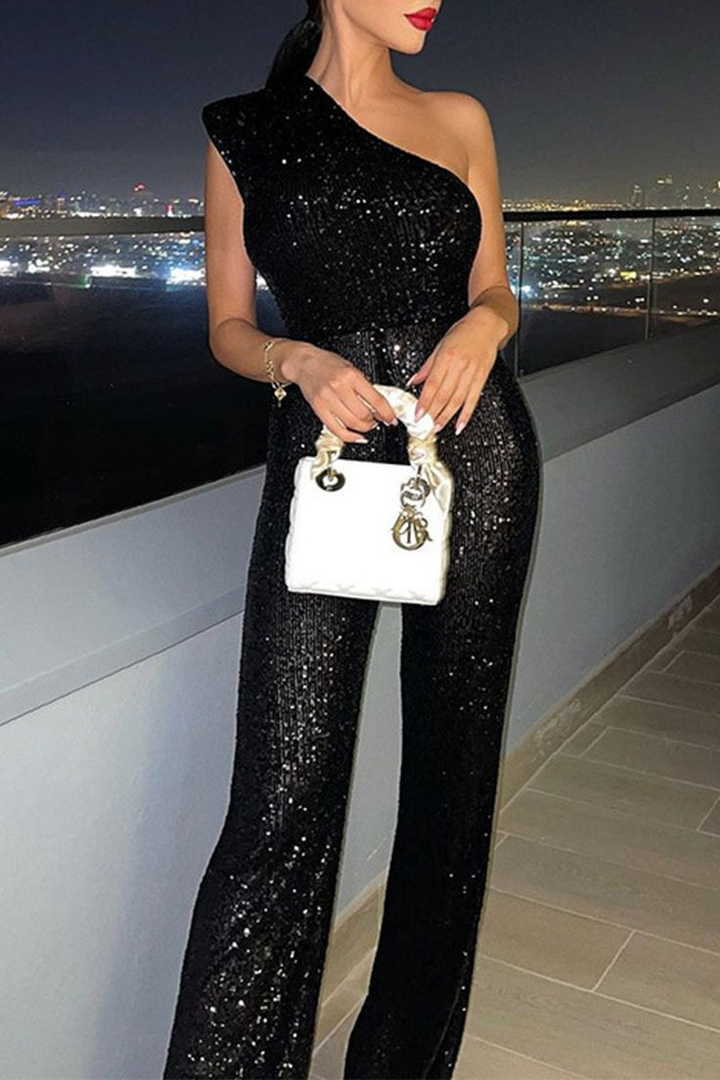 Koscy Graceful Black One-Shoulder Sleeveless Sequins Long Jump Suit