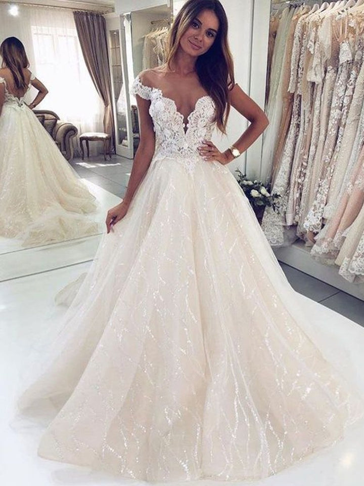 Bmbride Luxurious Long A-line Off-the-shoulder Tulle Open Back Glitter Bridal Gown