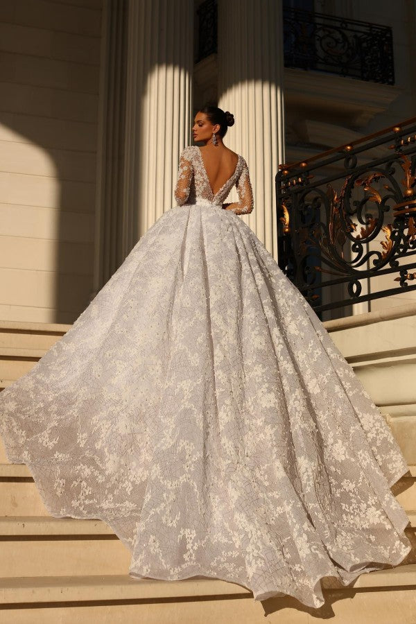 Bmbride V-neck Tulle Lace Appliques Backless Wedding Dresses with Long Sleeves