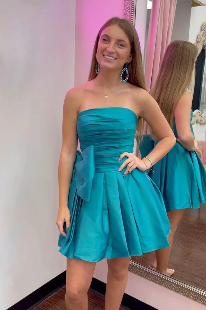 Koscy A-Line Strapless Pleated Party Dress with Bow