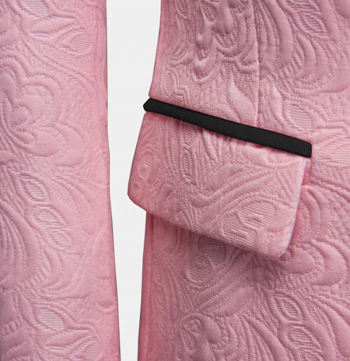 Koscy Black Lapel Wedding Suit - 3 Piece with Pink Jacquard for Men