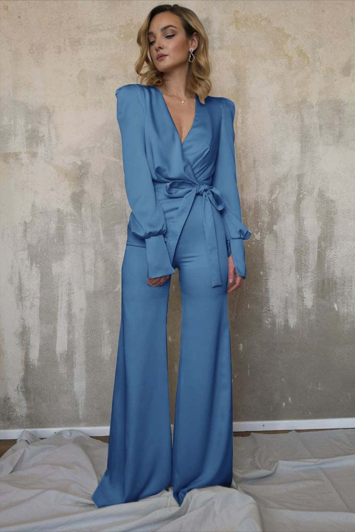 Koscy Charming Long Sleeves White V-Neck Long Jump Suit With Belt