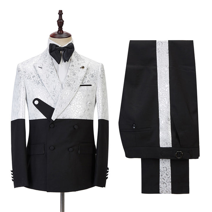 Koscy Handsome Black and White Jacquard Marriage Blazer Suit with Peaked Lapel