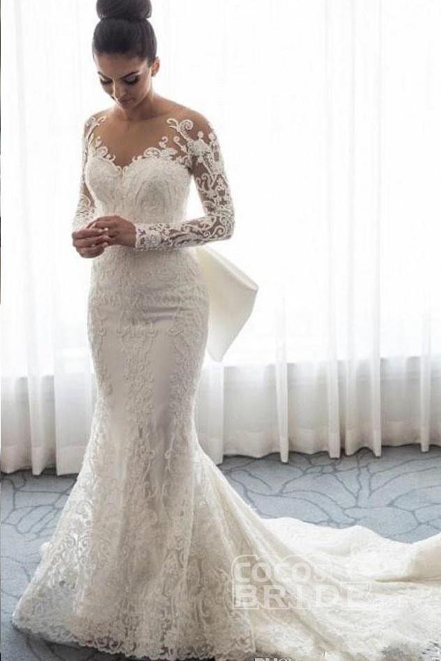 Bmbride Mermaid Wedding Dress with Long Sleeves Bowknot and Gorgeous Lace