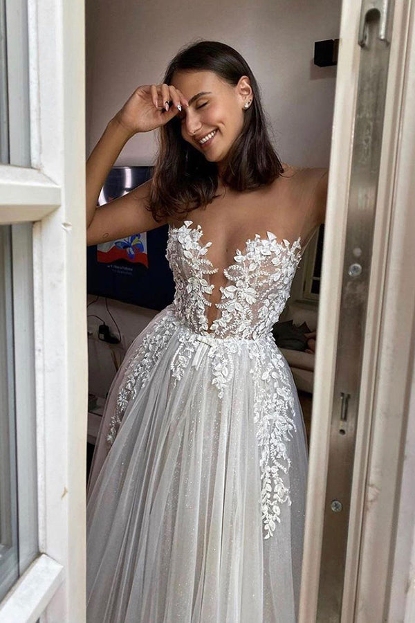 Bmbride Gorgeous Sheer Tulle Appliques A-line Floor Length Wedding Dress