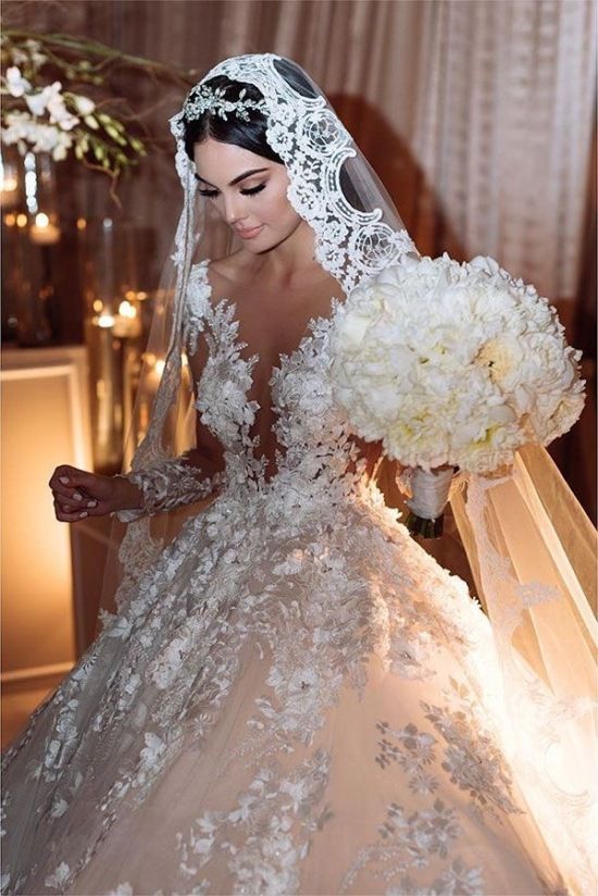 Bmbride Bateau Long Sleeve Appliques Lace Backless Ruffles Floor-length Princess Wedding Dress