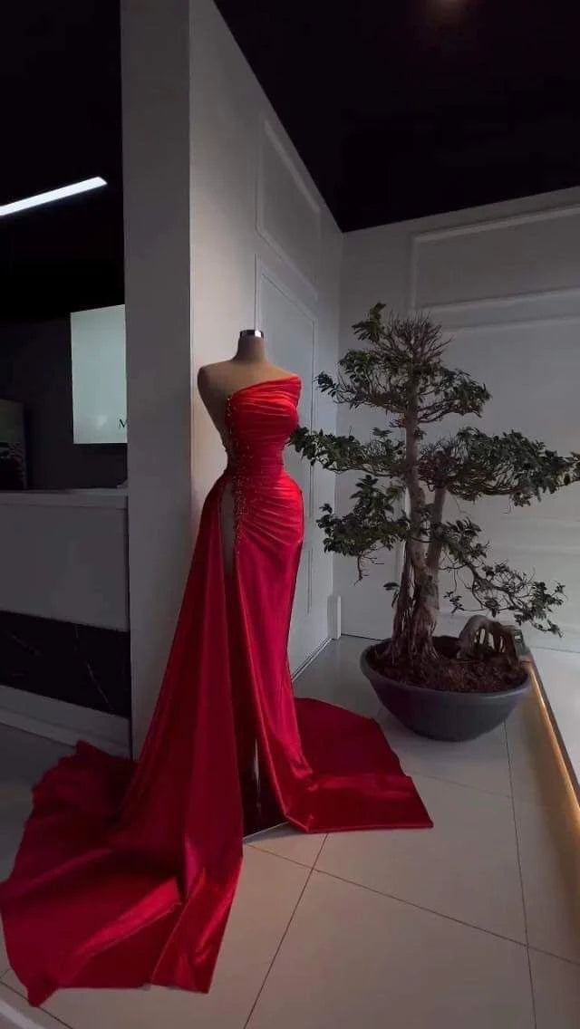 Strapless Prom Dress - Red Pearl Long Slit Sleeveless