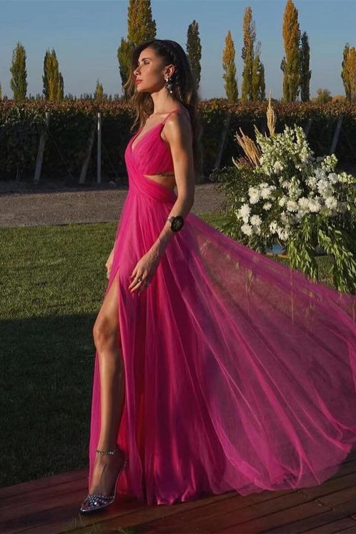 Fuchsia Spaghetti-Straps Tulle Prom Dress A Line With Split