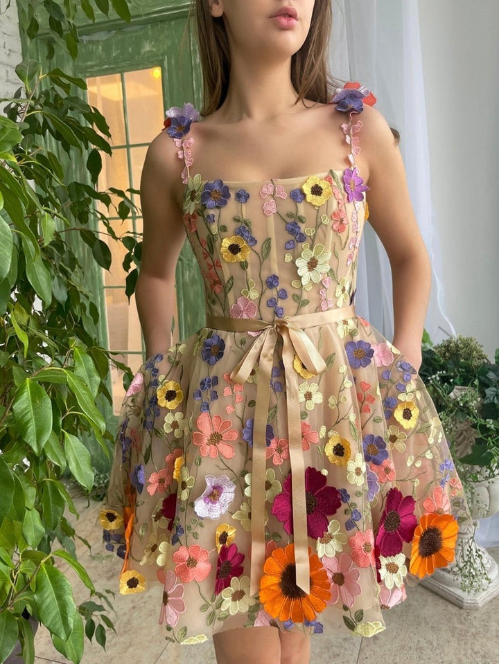 Koscy A Line Floral Short Homecoming Dress With 3D Flowers