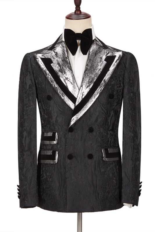 Koscy David Stylish Black Double-Breasted Peaked Lapel Wedding Suit for Groom
