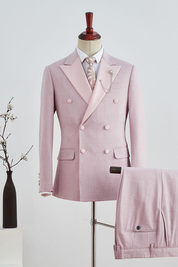 Koscy Simple Double-Breasted Pink Marriage Suit with Plaid and Peaked Lapel
