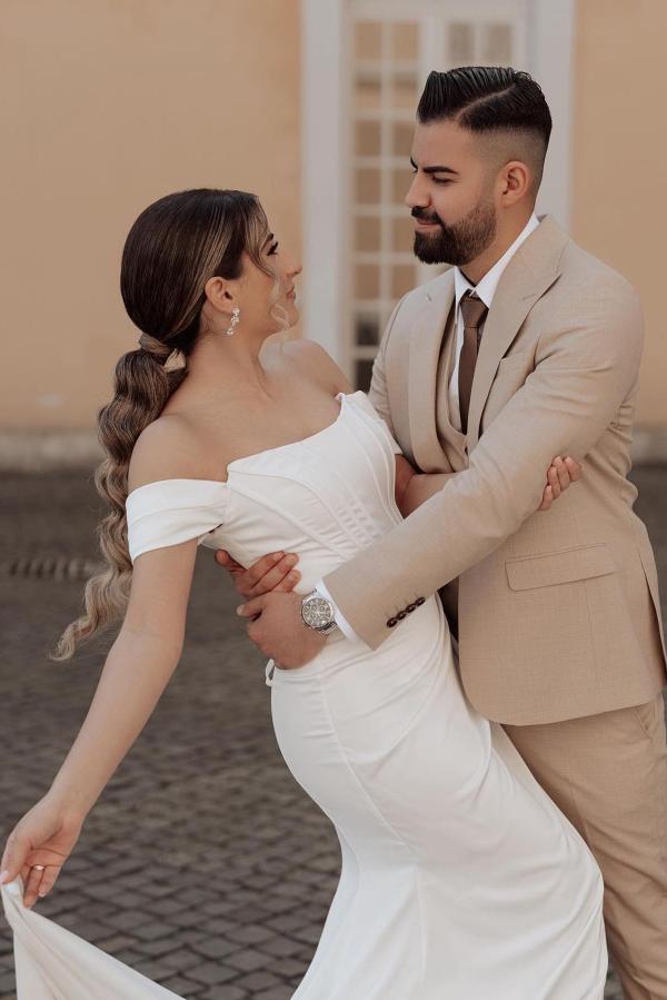 Bmbride Elegant Mermaid Off-the-Shoulder Satin Wedding Dress with Slit