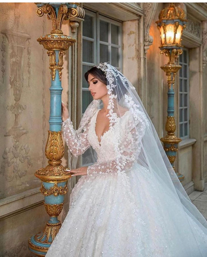 Bmbride A-Line Deep V-neck Appliques Lace Long Sleeve Train Wedding Dress