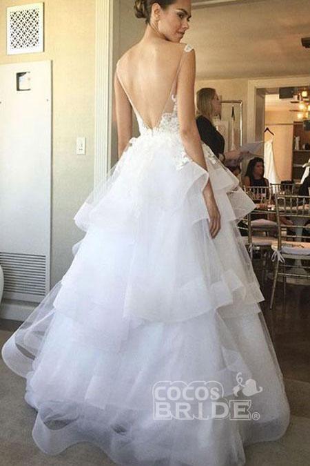Bmbride Ivory U Neck Appliques Tulle Sleeveless Layers Wedding Dress
