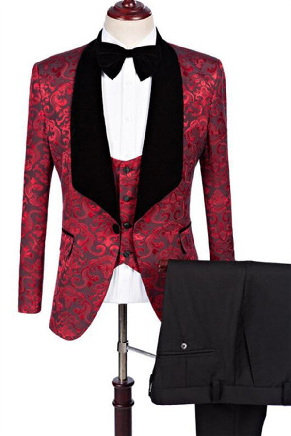 Koscy Ruby Flower Jacquard Prom Business Suit - Slim Fit Pattern Formal Suits, Three Pieces