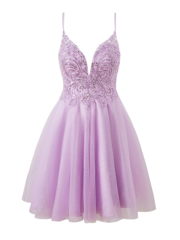 Koscy A line Short Spaghetti Strap Glitter Tulle Homecoming Dress