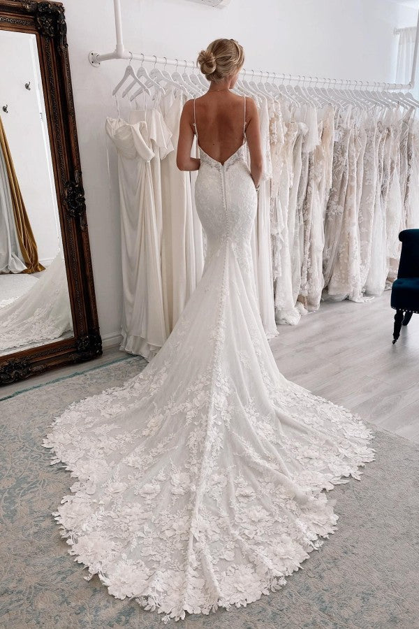 Bmbride Elegant Long Mermaid V-neck Open Back Lace Bridal Gowns