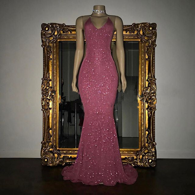 Sequinned V-Neck Halter Mermaid Evening Dress