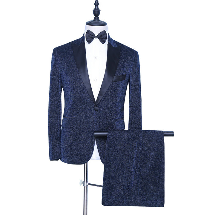 Koscy Modern Sparkly Dark Navy Wedding Suit with Peaked Lapel for Groom
