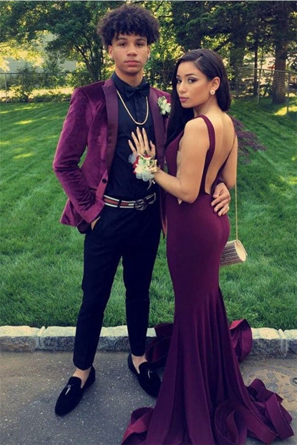 Koscy Casual Two-Piece Burgundy Velvet Prom Suit with Peak Lapel