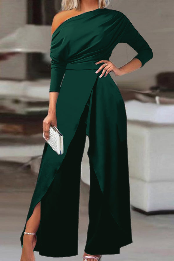 Koscy Chic Black Asymmetrical Wide-Leg Niche Daily Women's Jump Suit