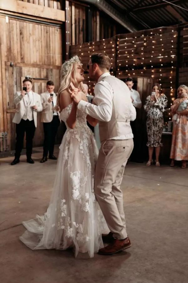 Bmbride Long A-line off the shoulder Tulle Floral Lace Wedding Dress