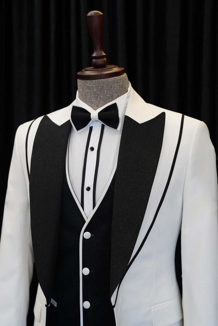 Koscy Abel Fashionable White and Black Peaked Lapel Three-Piece Wedding Suit
