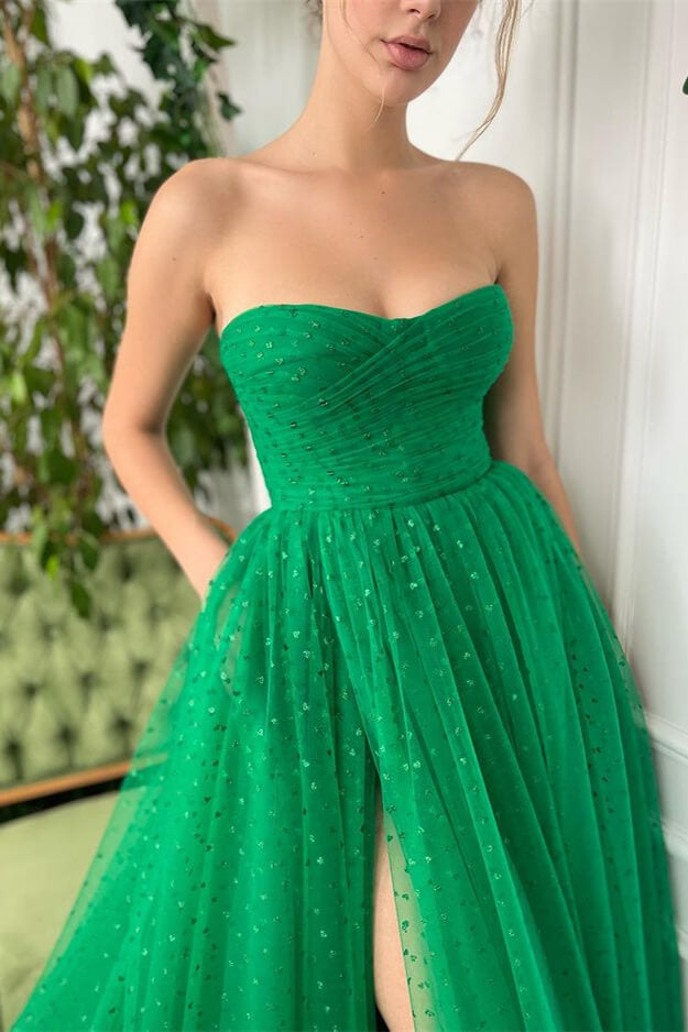 Green Sleeveless Sweetheart Tulle Prom Dress With Split - Glamorous