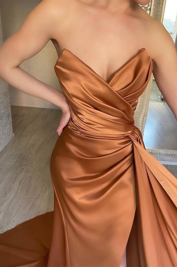 Brown Sleeveless Mermaid Prom Dress With Sweetheart Neckline and Ruffle Split
