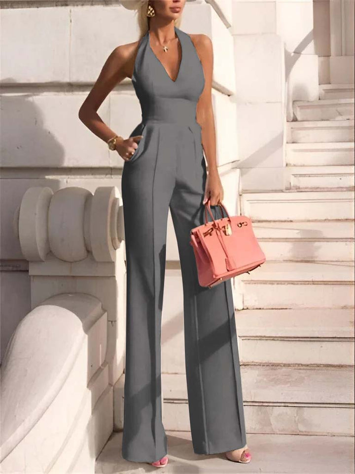 Koscy White Slim Fit Halter V-Neck Jumpsuit High-Waist Daily Women's Jump Suit