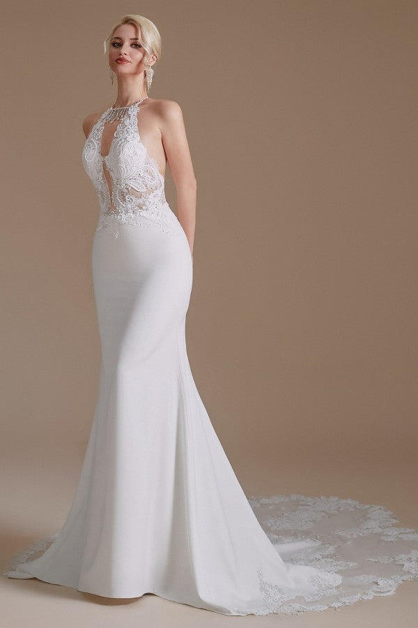 Bmbride Long Mermaid Halter Backless Satin Wedding Dresses with Appliques Lace