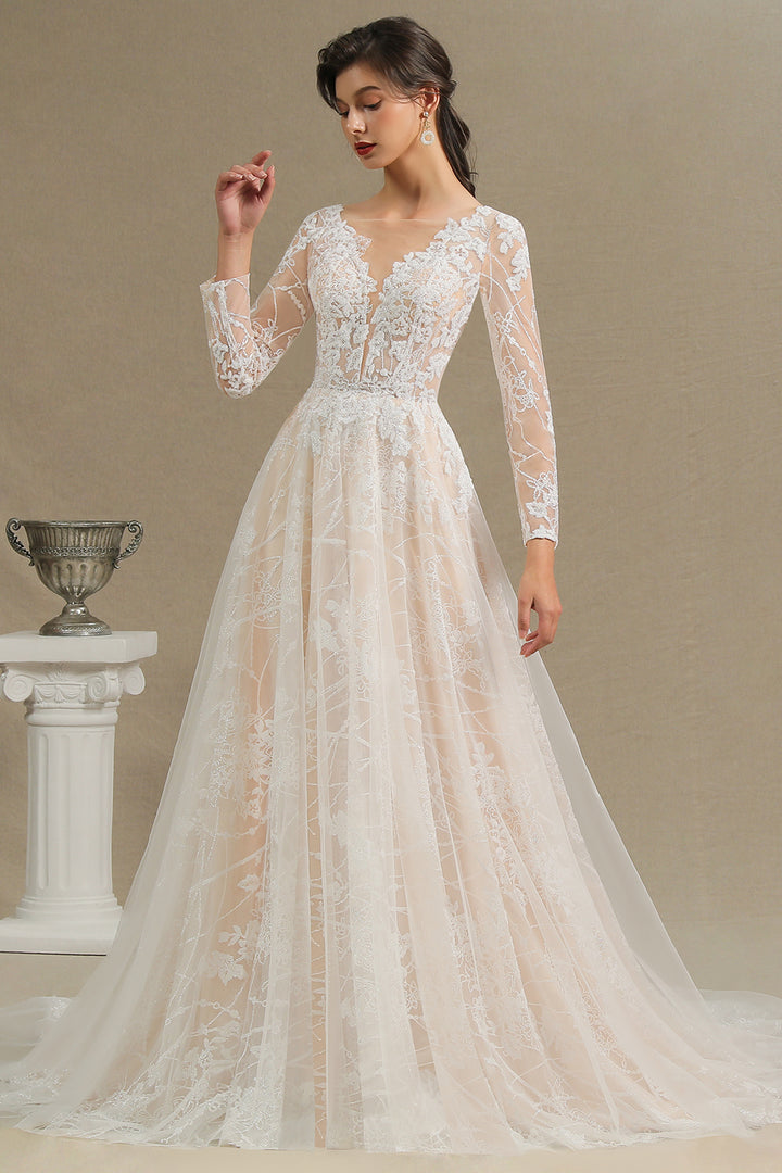 Bmbride Sheer Tulle Long Sleeve A-line Illusion Lace Wedding Dress - CPH230