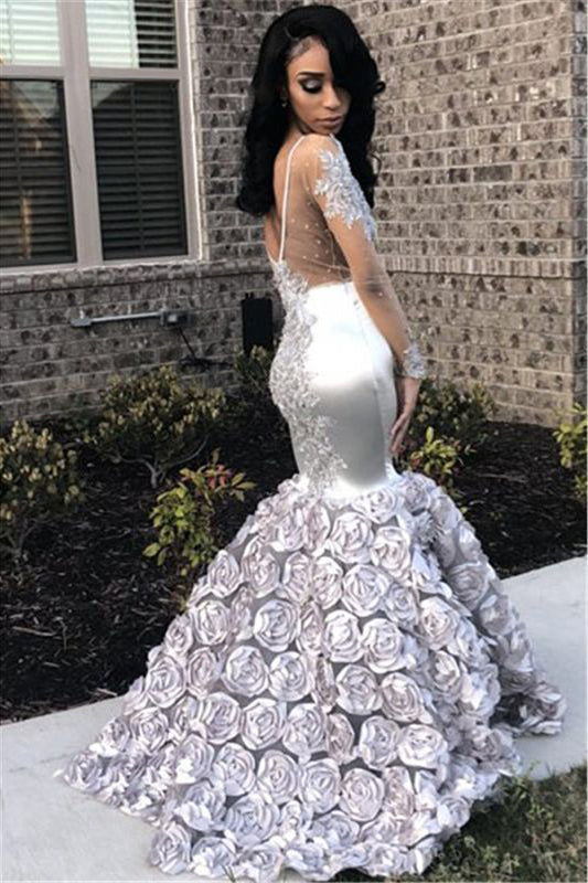 Silver Royal Long Sleeve Mermaid Prom Dress with Flower Applique